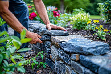 Woman building a stone garden border retaining wall, DIY home improvement project