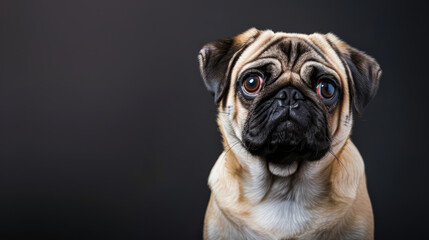 Sad pug dog looking at camera isolated on dark background. Copy space for text on the side.