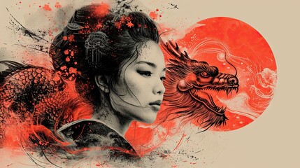 Vibrant Art Portrait of Geisha and Dragon Illustrating Japanese Culture
