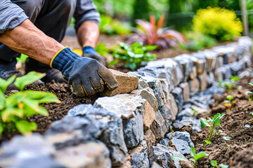 Man laying a wall block garden border retaining wall, DIY home improvement project