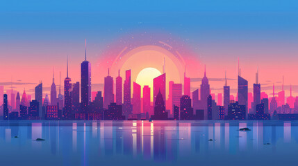 Beautiful cityscape skyline of big city during sunrise or sunset in minimal colorful flat vector art style illustration.