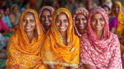 Fototapeta premium Group of Joyful Indian Women in Traditional Attire Sharing Genuine Smiles