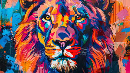 Portrait of lion in colorful pop art comic style painting illustration.