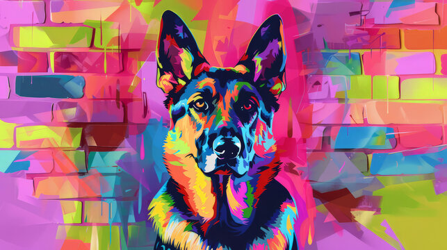 Portrait of german shepherd dog in colorful pop art comic style painting illustration.