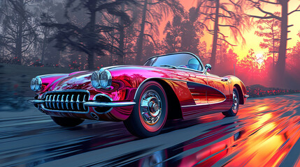 Surreal Red Vintage Car Speeding Through a Dreamy Forest at Sunset