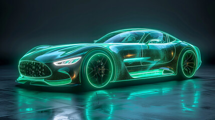 Futuristic Green Neon Sports Car on Dark Background in Photorealistic CGI