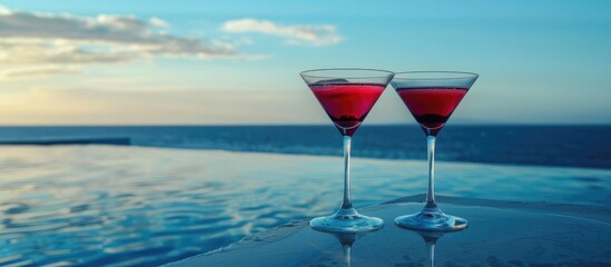 Cocktail glasses by the pool, near the beach.