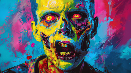 Portrait of zombie in colorful pop art comic style painting illustration. Halloween theme concept.