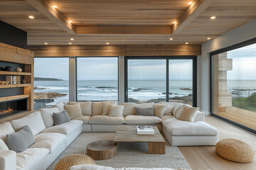 Spacious Modern Coastal Living Room Overlooking the Ocean, Emphasizing Sustainability with Natural Materials and Muted Tones, Bathed in Afternoon Sunlight.