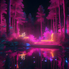 little lake in the middle of the woods filled with neon stuctures in fauna or flora
