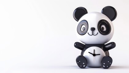 A 3D render of a cute pandashaped clock with oversized ears and a playful stance, Sharpen isolated on white background