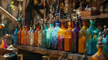 Amidst a crowded marketplace a traveling merchant sets up a stall displaying an array of colorful bottles labeled with enchanting . .