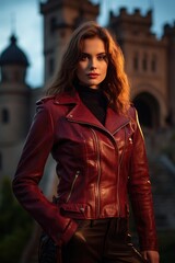 Confident woman in red leather jacket