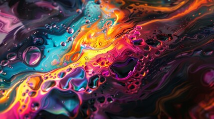 A vibrant painting captures the essence of liquid mercury its molten surface reflecting a kaleidoscope of colors and patterns. . .