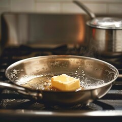 a large skillet on the stove with a chunk of unsalted butter melting over medium heat
