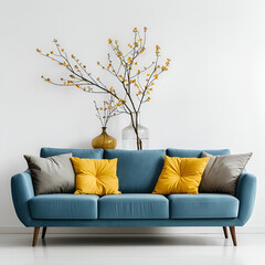 Modern living room interior with a blue sofa, yellow pillows, and decorative branches in vases against a white wall. This stylish image highlights contemporary home decor and comfortable living space.