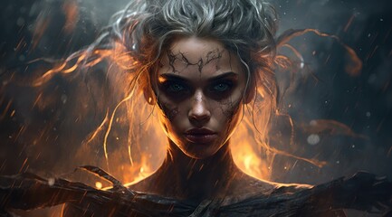 Fierce warrior woman with fiery hair and cracked skin