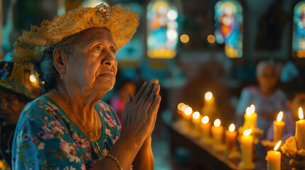 elderly Filipino woman wearing colorful attire and a straw hat, praying in front of the altar inside Church. 