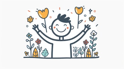 Fototapeta premium A cartoon drawing of a man holding flowers and smiling