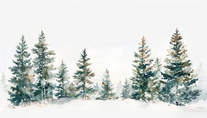 Fototapeta premium A watercolor painting of a minimal scene of snowcovered pine trees, serene and quiet, on a white background