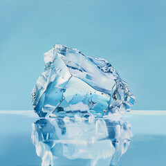 Close-up of a clear, jagged ice chunk reflecting on a blue surface. This image emphasizes the clarity and intricate structure of ice, suitable for themes of nature, cold, and winter.
