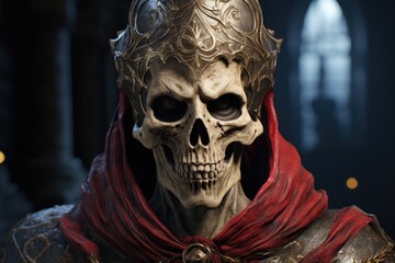 Menacing skull figure with ornate crown and red cloak
