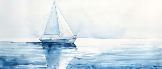 A watercolor painting of a minimal sailboat drifting on a calm sea, on a white background