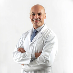 Smiling young male doctor standing with arms crossed against a white background. This professional image highlights themes of healthcare, medical expertise, and trust.
