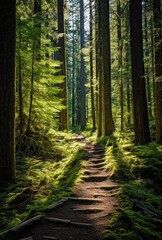 Enchanting forest trail through lush green landscape