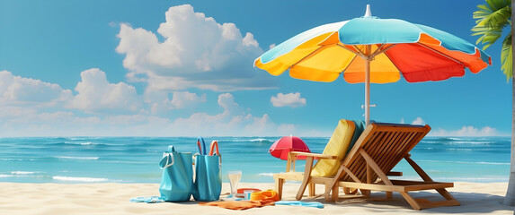 A serene beach scene with a colorful umbrella, deck chairs, and bags ready for a relaxing day under the sun