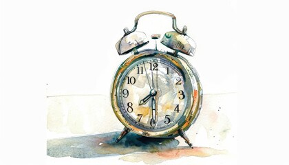 A watercolor painting of a small, clean clock showing 8 AM, minimal and isolated on white background