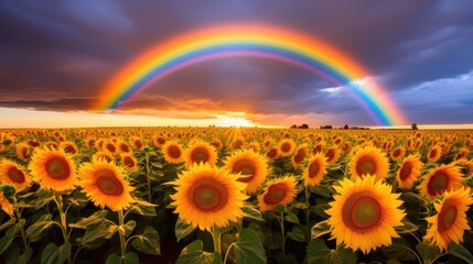 Obraz premium Vibrant sunset over sunflower field with rainbow