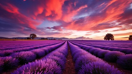 Breathtaking sunset over lavender field landscape