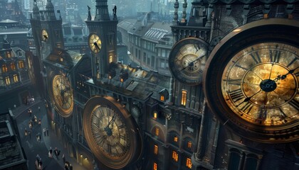 Clock towers now serve as portals to random moments in history, bustling with tourists and timetravelers Sharpen close up strange style hitech ultrafashionable concept