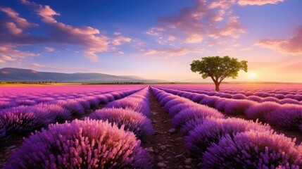 Vibrant Lavender Fields at Sunset