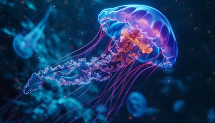 Close up cyber concept of a fluorescent jellyfish swimming in deep ocean