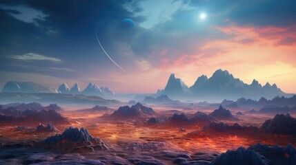 Otherworldly Landscape with Towering Mountains and Glowing Sky