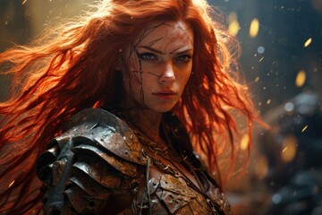 Fierce warrior with fiery red hair and battle-worn armor