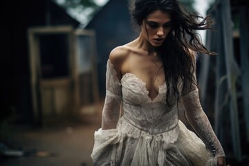 Fototapeta premium Mysterious woman in white dress