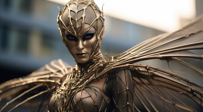 Futuristic alien warrior with intricate golden armor
