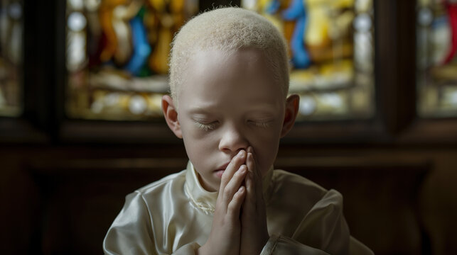 young albino boy with his eyes closed, praying in front of the altar inside an old church. He is wearing a white priest's robe and has very short hair combed back from the sides. stained glass church