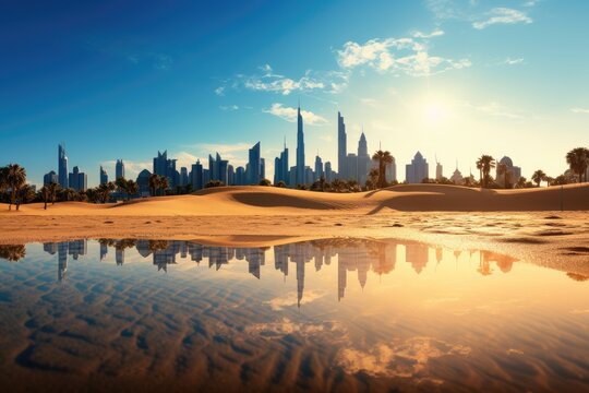 Stunning desert skyline with skyscrapers reflecting in water