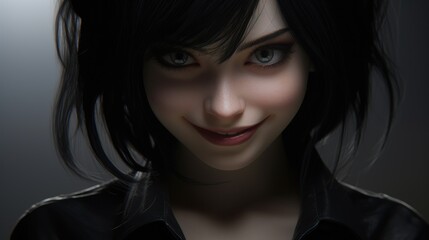 Mysterious woman with dark hair and intense gaze