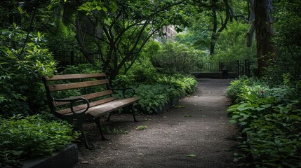 Wooden bench in green outdoor garden