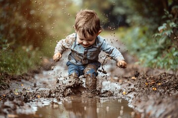 A kid playing in the mud being dirty all over.