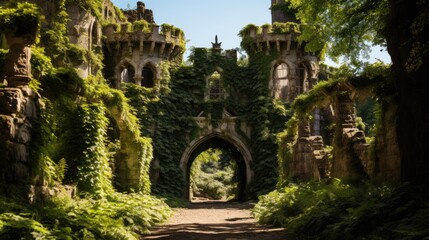 Fototapeta premium Enchanting medieval castle ruins overgrown with lush greenery