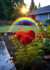Obraz premium Vibrant heart-shaped ornament in garden with rainbow