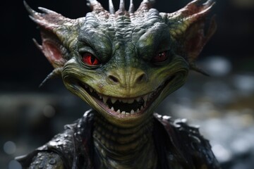 Fototapeta premium Ferocious dragon-like creature with glowing red eyes