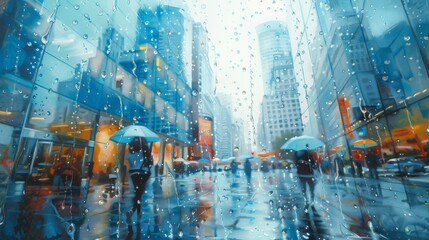 A rainy city street with people walking and holding umbrellas
