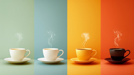Four Cups of Steaming Hot Beverage on Colorful Backgrounds - A Study in Contrast and Warmth